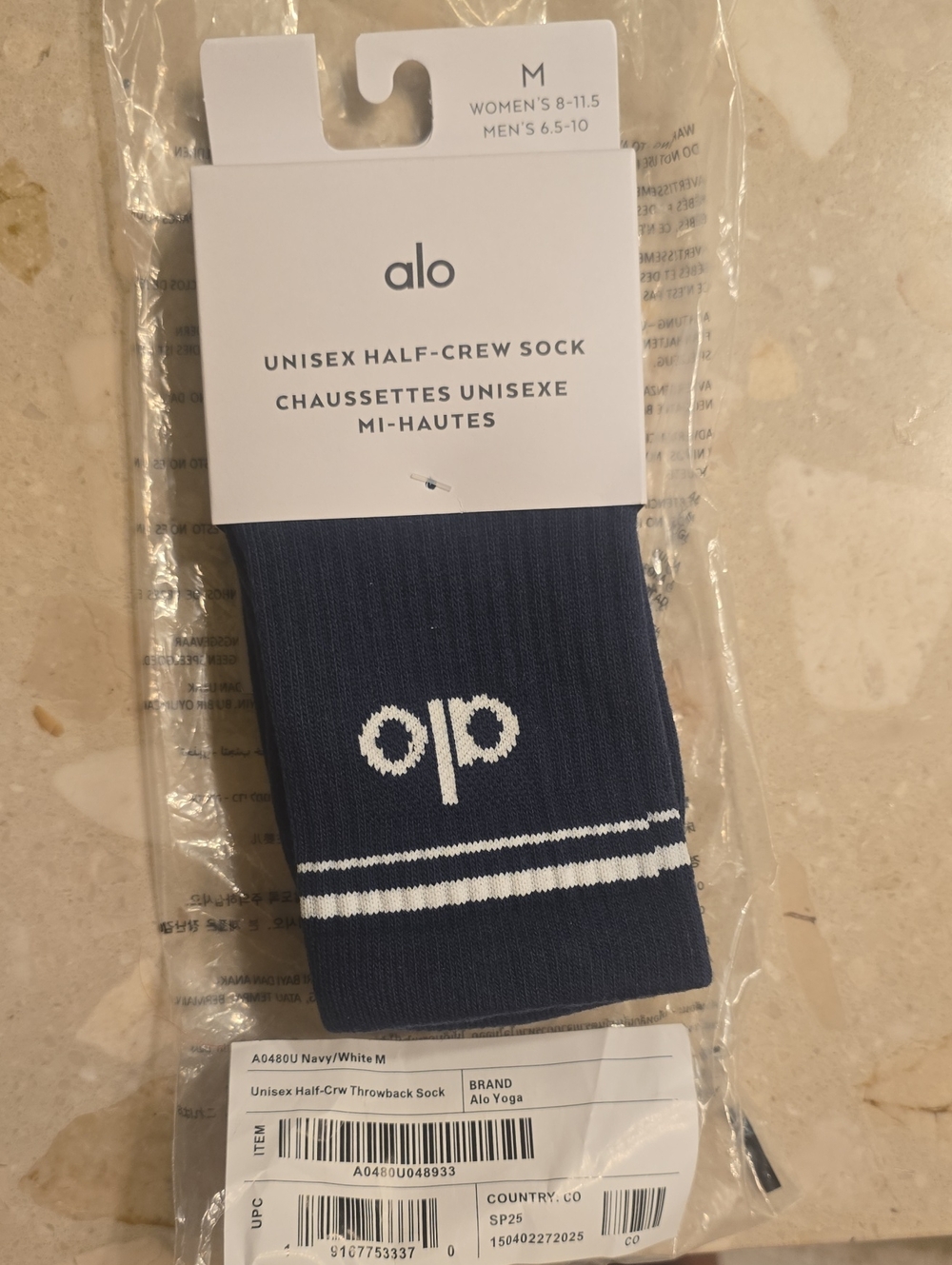 ALO Yoga Navy Half-Crew Sock with White Stripes